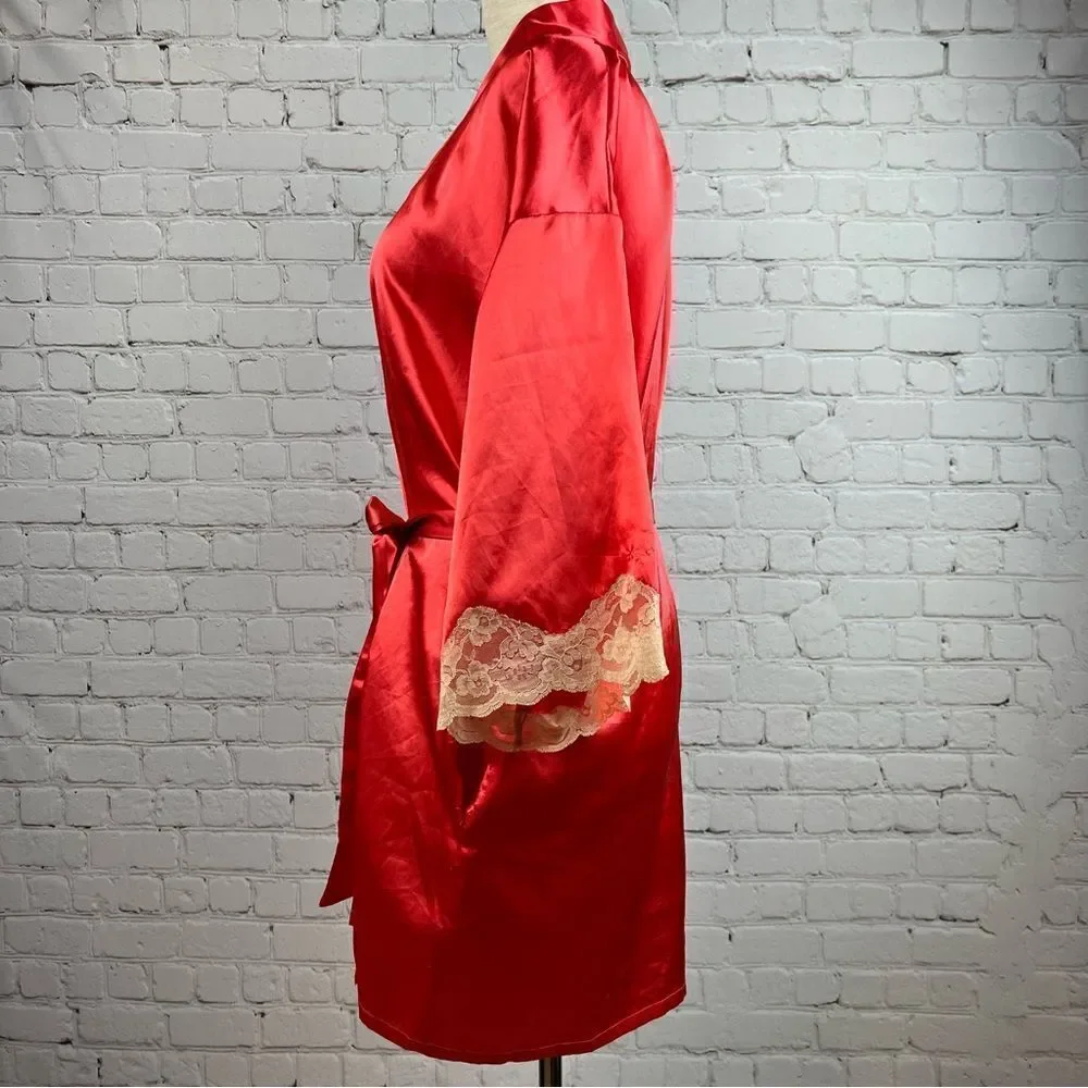 Fredricks of Hollywood Sexy Coral Satin Lace Trimmed Robe with Pockets & Belt